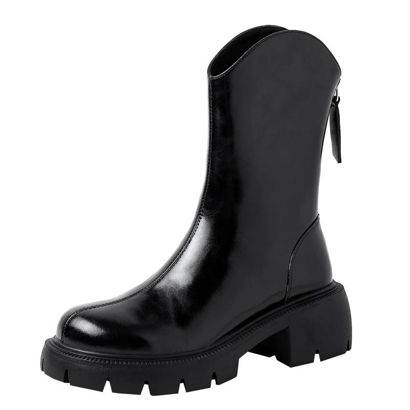 Женская обувь 2024 Высокое качество Молния Женские ботинки Зимние теплые Круглый носок Однотонные Средняя голень Массивный каблук Модные ботинки