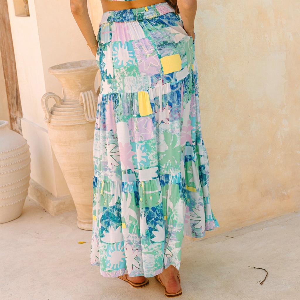 Женские юбки макси с цветочным принтом, летние платья-трубы, длинная плиссированная пляжная юбка А-силуэта