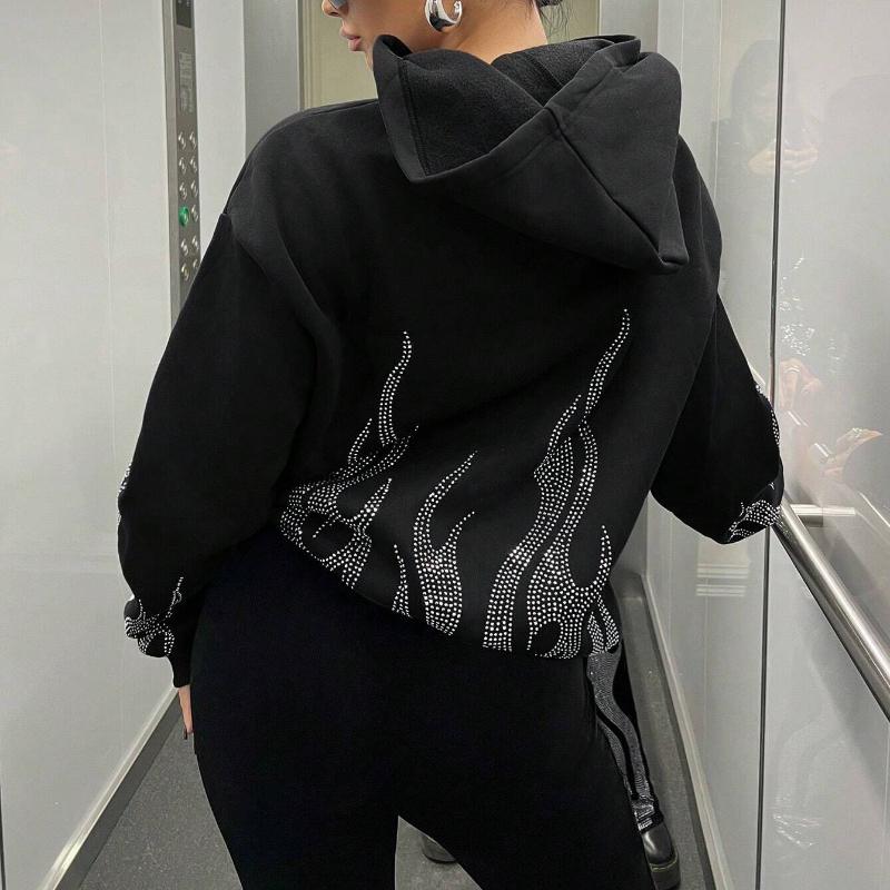 Осень и зима Y2K трендовый уличный худи свободного кроя с капюшоном на молнии и горячим тиснением пламени для мужчин и женщин