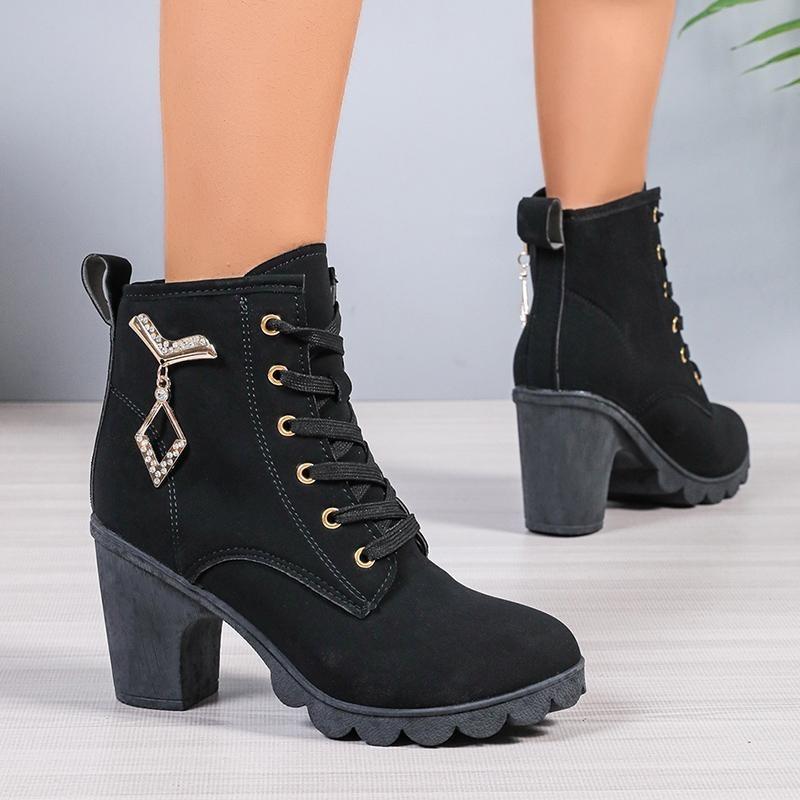 Women's Chunky Heeled Ankle Boots Metal Decoration High Heels Booties Woman Autumn Lace Up Platform Short Boots Plus Size