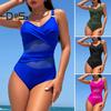 Women Monokini Deep V-Neck Sleeveless Slim Fit One-piece Bikini Solid Color Mesh Splicing Tummy Control Swimwear