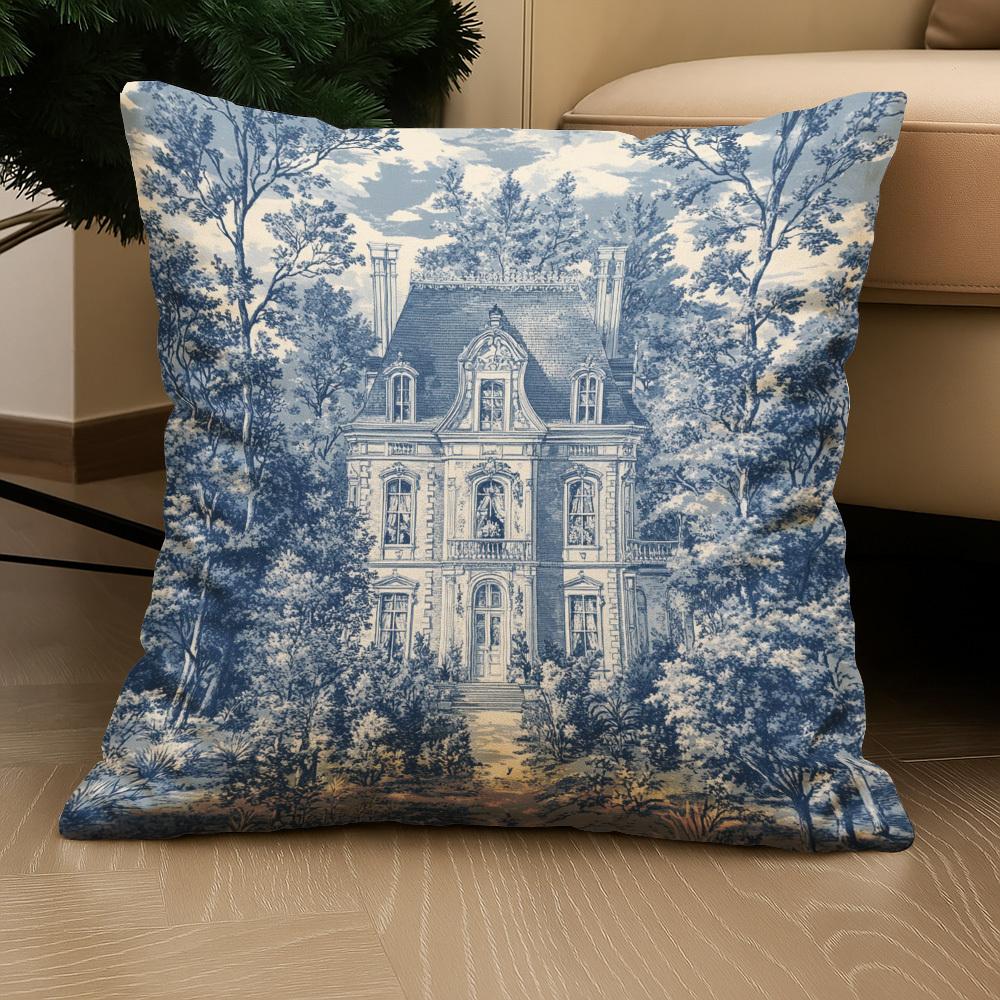 1pc French Touy Blue and White Classic European Mansion Printed Cushion Cover - Luxurious French-Style Country Pillowcase with Zipper Closure, Machine