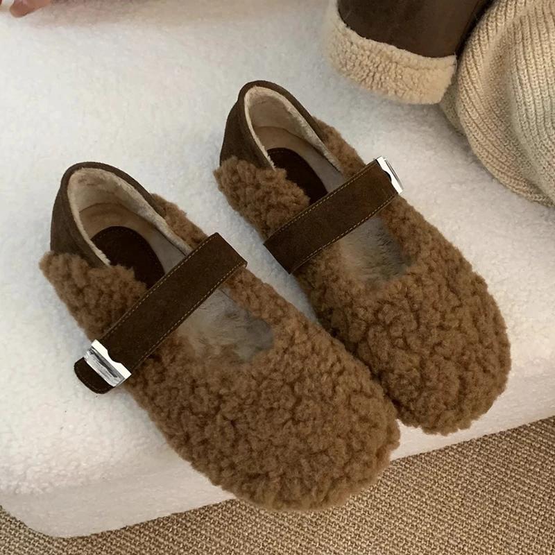 Меховые женские балетки на плоской подошве, модные зимние сапоги для женщин 2025 года, зимние дизайнерские новые повседневные удобные теплые туфли Мэри Джейн