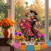 Skeleton Static Clings for Windows Day of The Dead Window Clings, Halloween Double-Sided Skull Sticker, Easy Install Pavement Colorful Flower