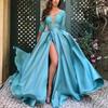 Women's Fashion Long Sleeve V-Neck Bronzing Large Lace Sexy Long Dress Tail Banquet Evening Dress