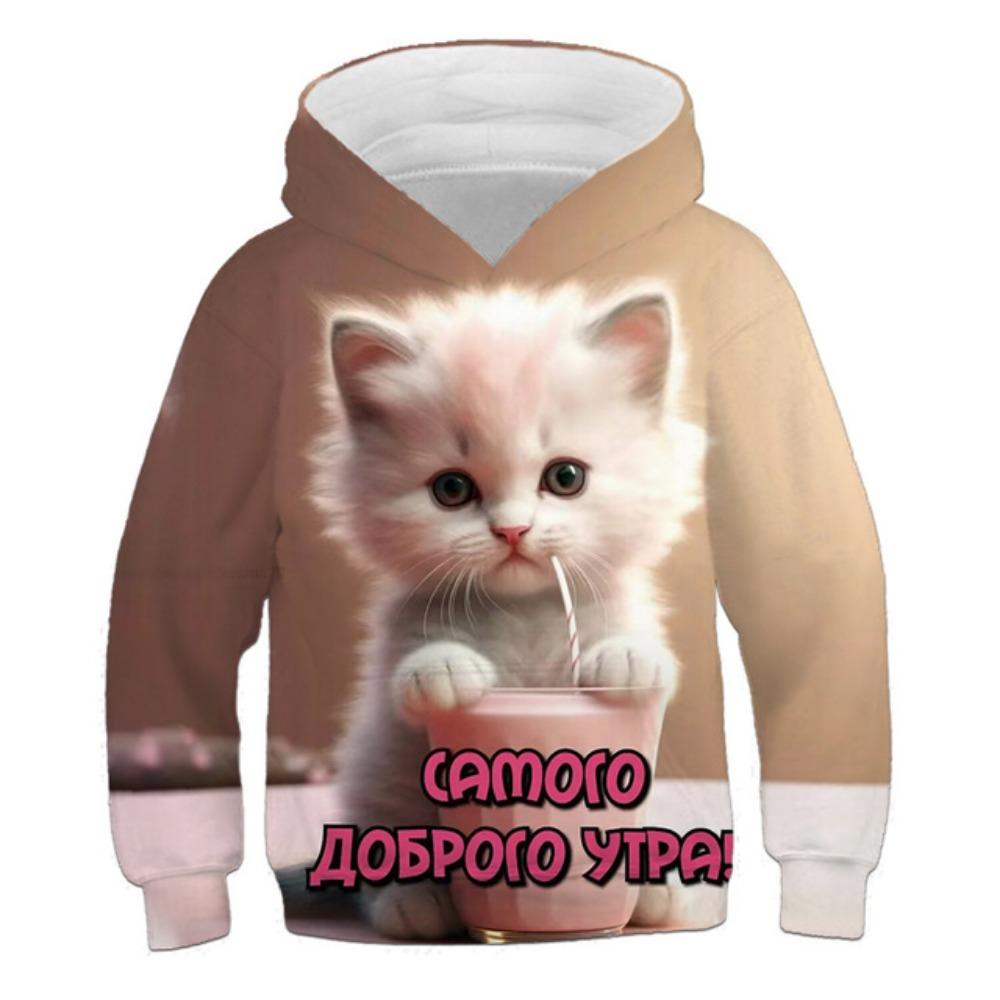 Детская одежда Толстовки с капюшоном для девочек с длинным рукавом и принтом 3D-кота для детей Весенне-осенняя одежда Повседневная милая одежда для девочек на открытом воздухе Топы