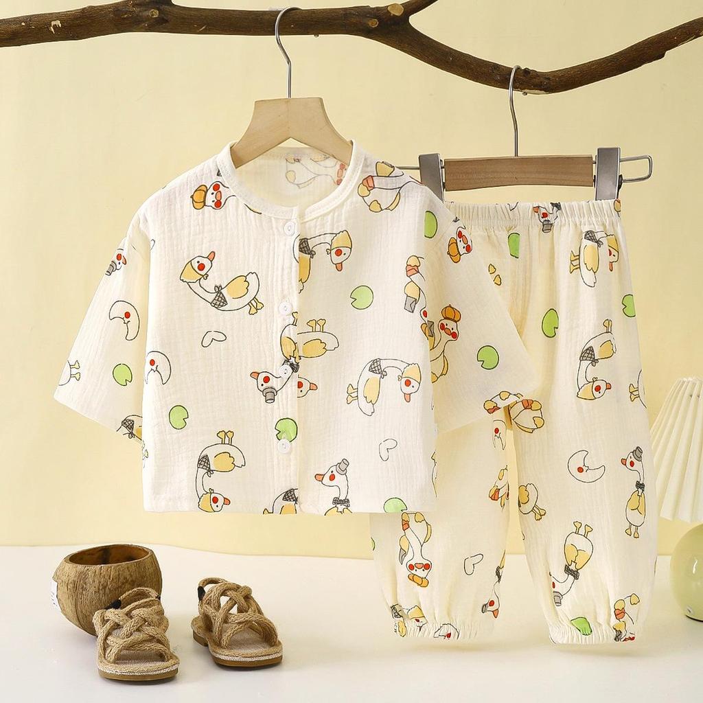 Children's Cotton Gauze Pajamas Set - Summer Long-Sleeve with Lantern Pants