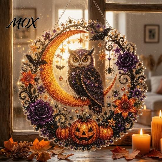 Seasonal Hanging Home Decor Halloween Ghost/Owl Diamond Art Ornament Kit, Handmade Wall Painting Suncatcher, DIY Pendant Window Decorative Porch