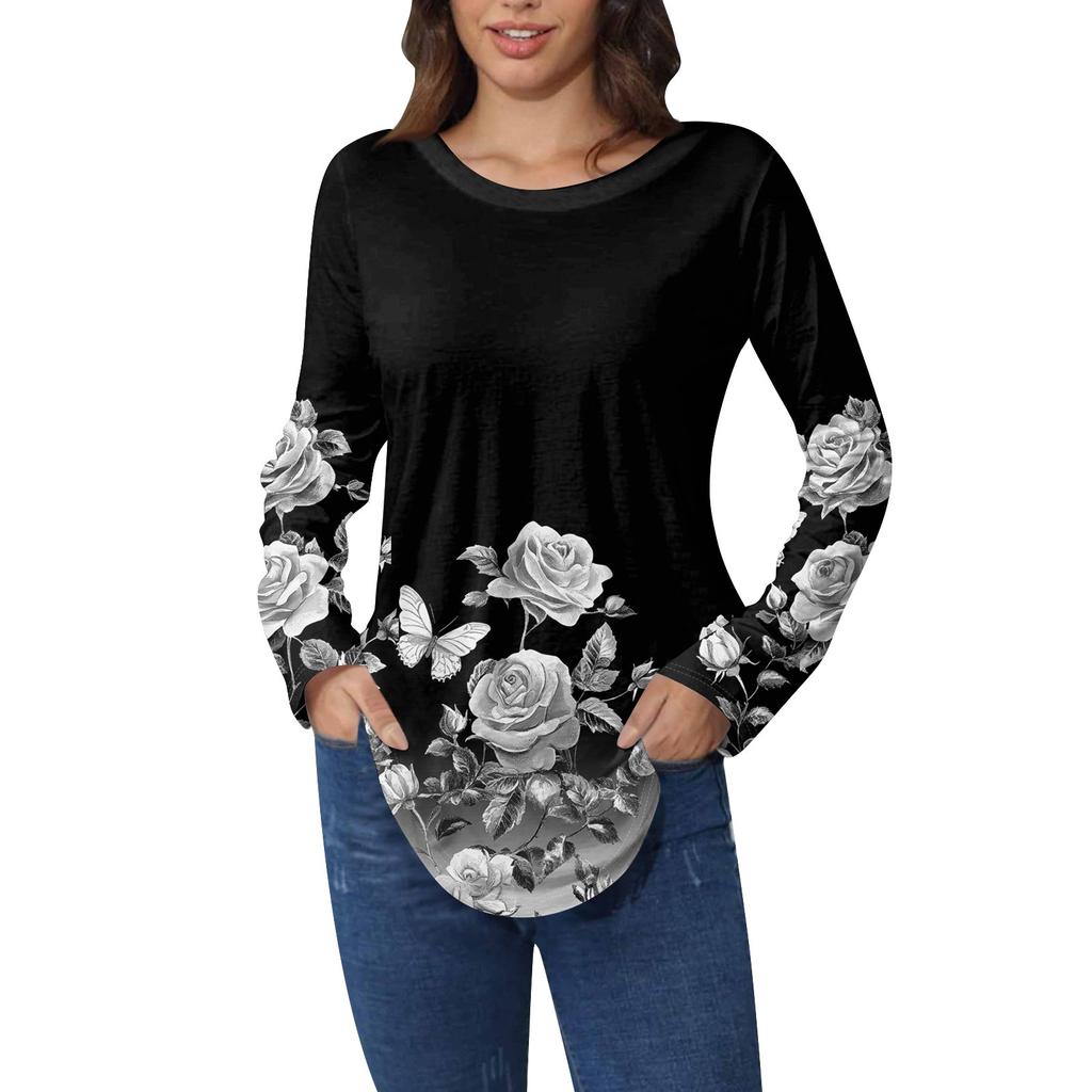 Рубашки для женщин Милые винтажные узоры с принтом Футболка с длинным рукавом Туника Топы Хлопковые пуловеры