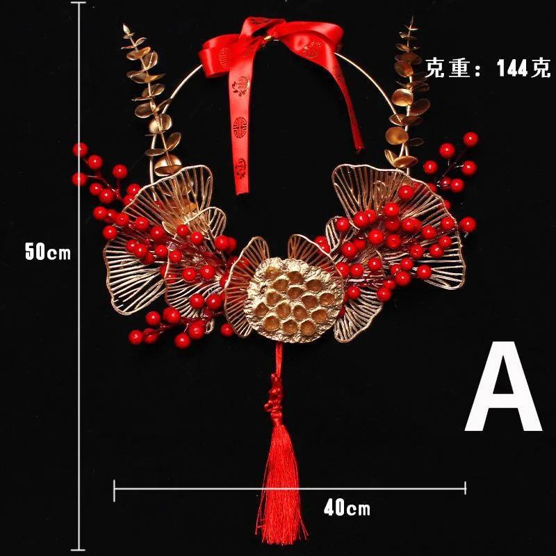 Chinese Style Red Berries Craft Ring Exquisite Lotus Model Wreath Red Berry Wreath God of Wealth Iron Ring for Wedding New Year
