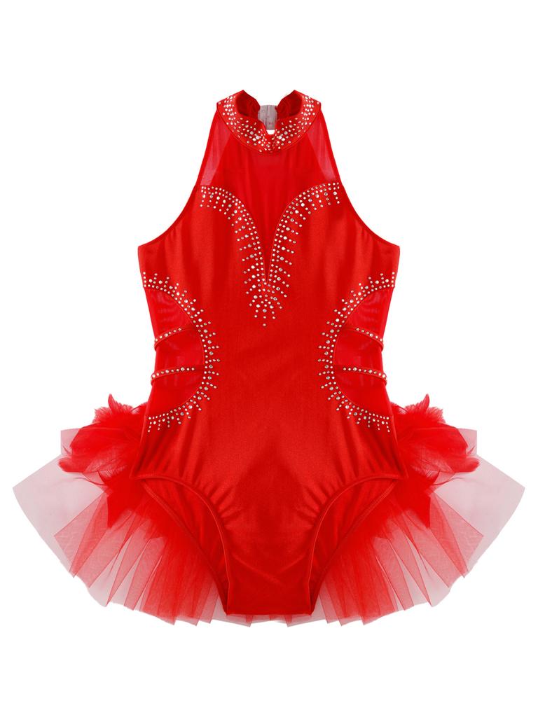 Kids Girls Ballet Jazz Dance Performance Ballerina Costume Sleeveless Fancy Skating Leotard Tulle Skirted Gymnastics Unitard