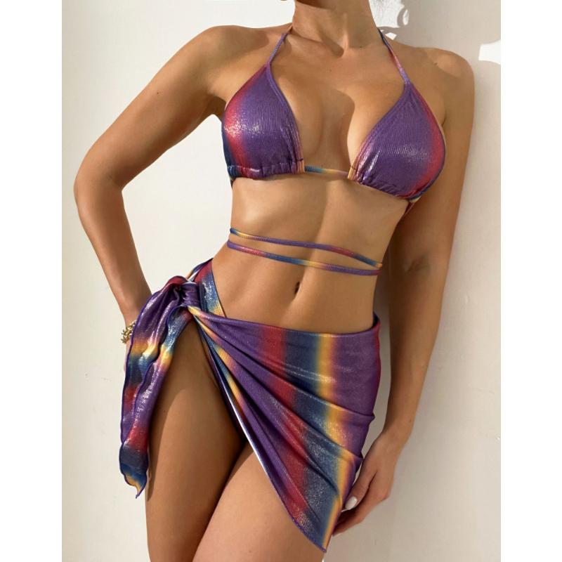 Sexy Swimsuit Women's Summer Gradient Color Bikini Three-piece Lace-up Bandage Monokini Beach Wear Hollow Out