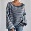 Women's Fall/Winter Loose One-line Shoulder Off-the-shoulder Knit Vintage Lantern Sleeve Striped Sweater