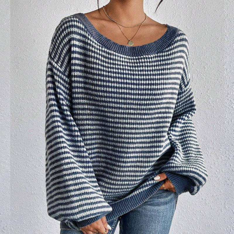 Women's Fall/Winter Loose One-line Shoulder Off-the-shoulder Knit Vintage Lantern Sleeve Striped Sweater