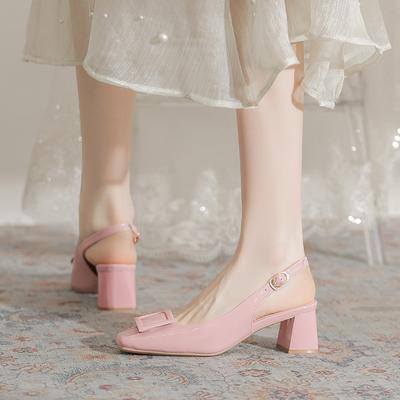 Обнаженные туфли на высоком каблуке с квадратным носком, женские туфли на толстом каблуке, лето 2025, новинка, лакированная кожа, французская пряжка, простые сандалии с задником и открытым носком