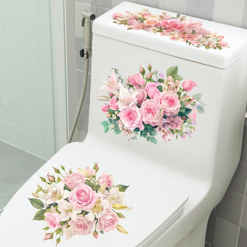 Rose Lily Toilet Sticker Bathroom Self-Adhesive Decal for Toilet Seat & Tank Cover