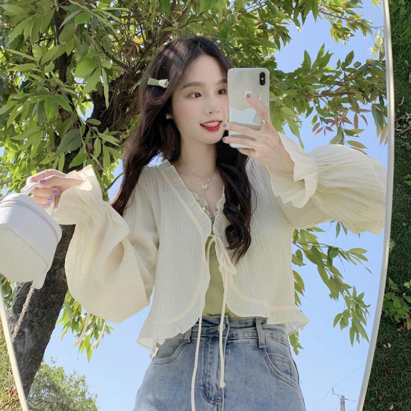 Женский корейский шикарный солнцезащитный кардиган - легкий, милый, короткий топ в летнем стиле