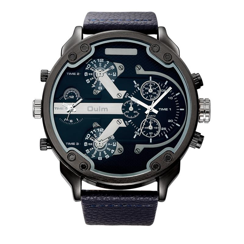 Мужские часы с большим циферблатом, двумя часовыми поясами, кварцевый механизм