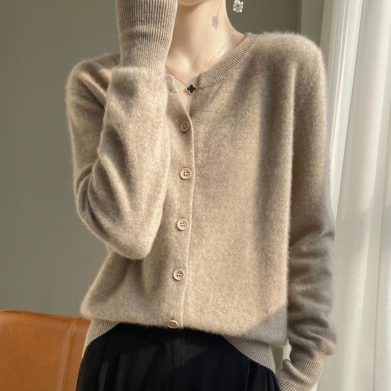 Женский кашемировый кардиган с V-образным вырезом 2024 года: Универсальный свитер с длинным рукавом на весну и осень