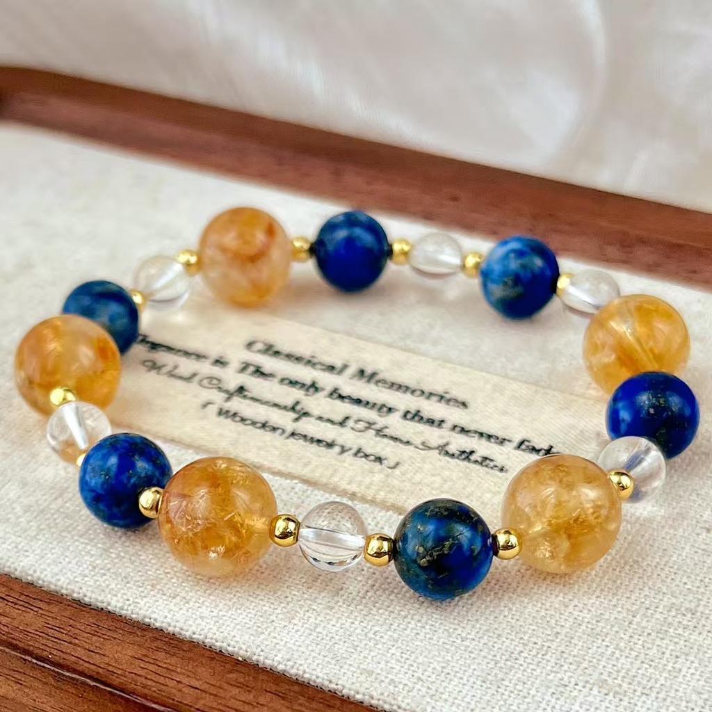 Retro High Quality Natural Lapis Lazuli White Crystal Citrine Contrasting Color Design Bracelet Bracelet