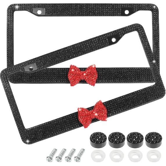 License Plate Frame,Cute Car Accessories Stainless Steel Crystal Car Plate Covers,Shiny Rhinestones Premium License Plate Holder With Mounting