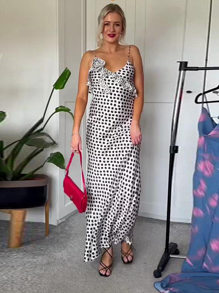 Длинное платье на бретельках с принтом в горошек, женское длинное платье с v-образным вырезом, без рукавов, с открытой спиной и 3D цветком, женское летнее праздничное женское платье