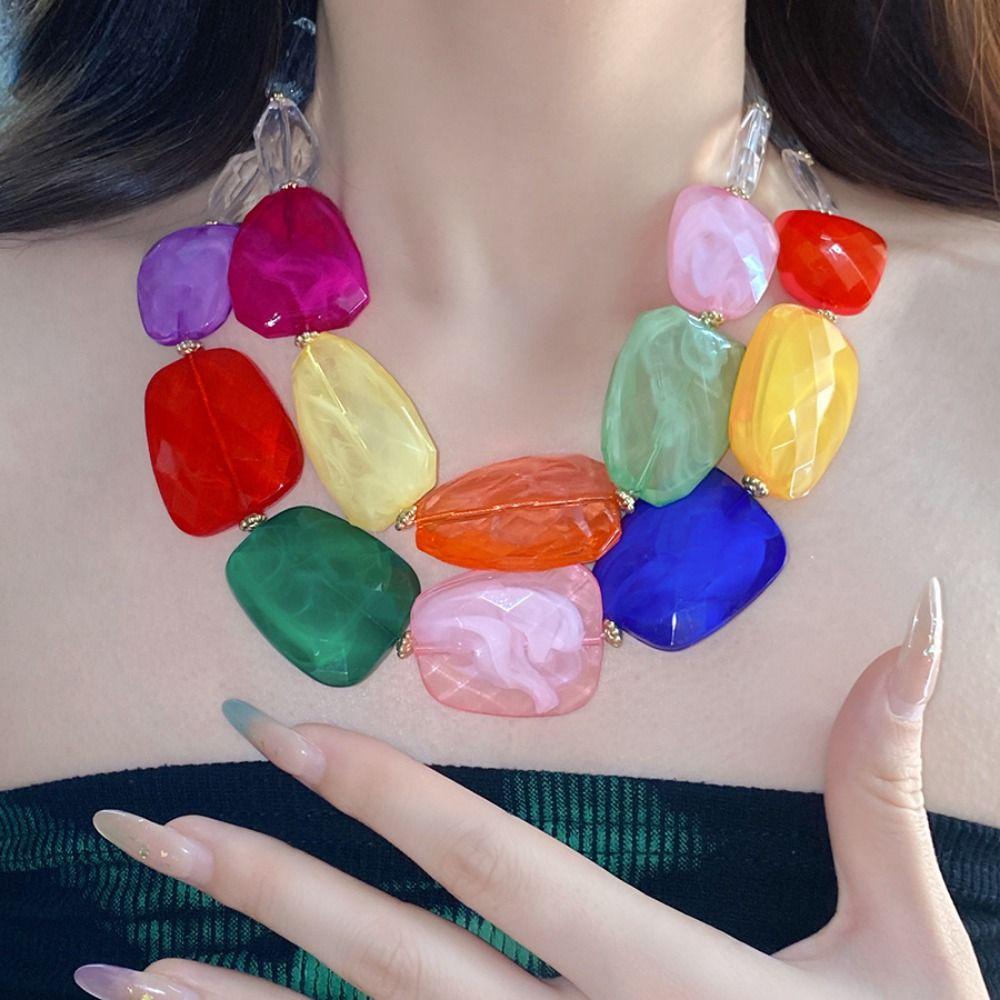Irregular Acrylic Beaded Double-layer Necklace Exaggerated Fashion Jewelry Beaded Necklace Dopamine Color Clavicle Chain Gift