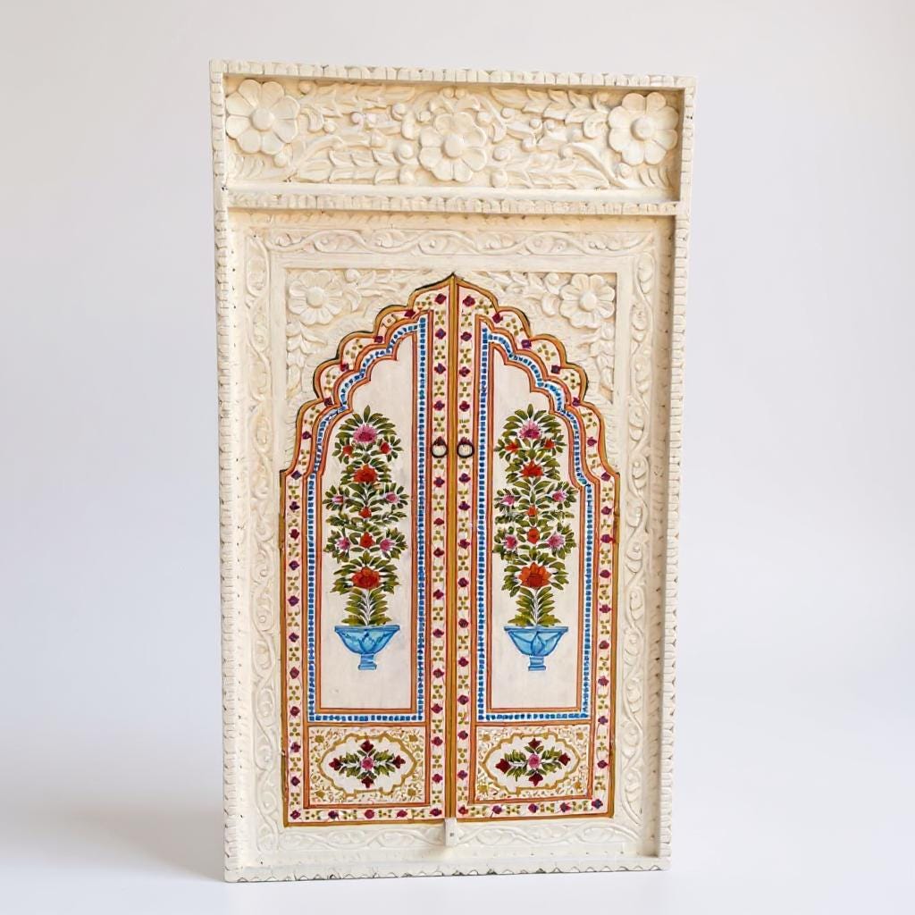 Hand-Painted Floral Wooden Wall Panel Indian Carved Faux Window Frame | Wall Style Jharokha Wall Art - 130 x 70 cm-Bedroom Decor Door Window