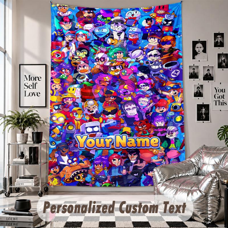 Wall Hanging Tapestry With Custom Name & Text, Brawl Stars Decorative Tapestry For Bedroom