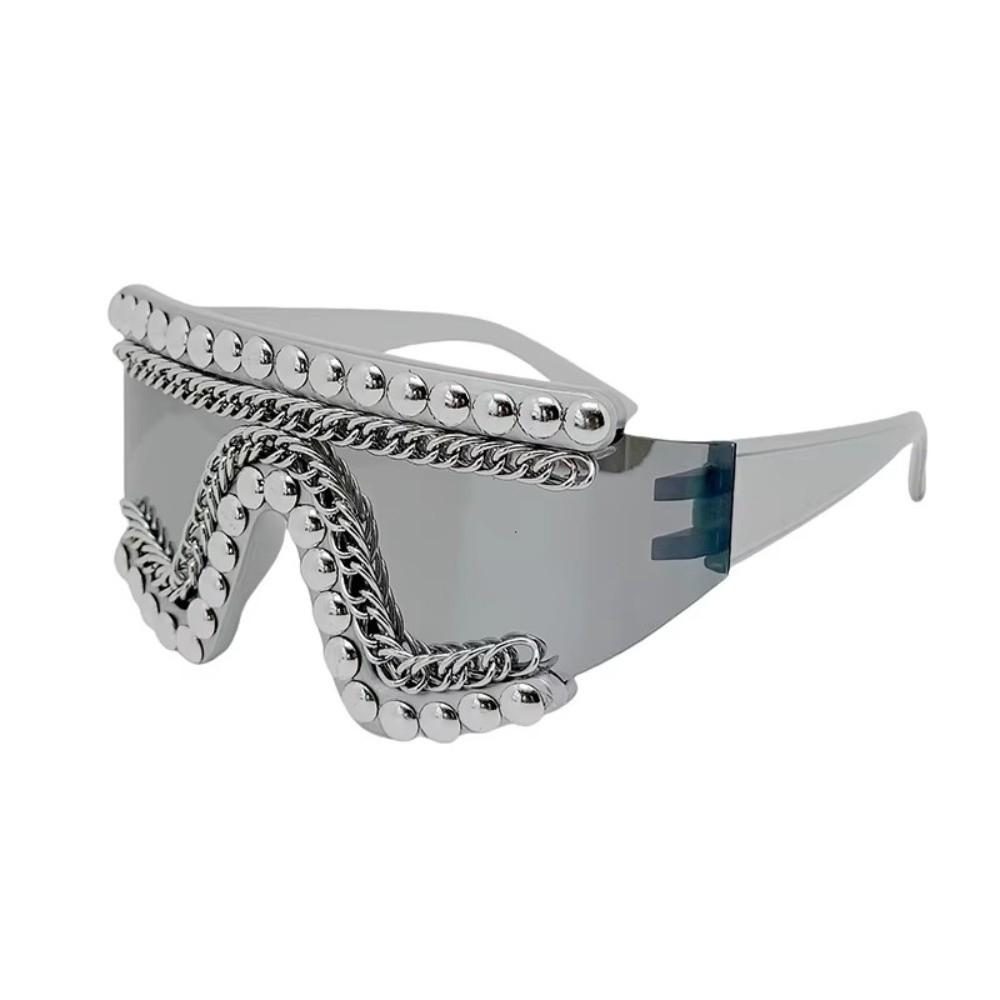 Oversized Frame Punk Style Sunglasses Silver Chain Trendy Shade Eyewear Outdoor Sports