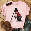 Light And Thin 26 English Black Letters Flower Print Women'S Pink T-Shirt Short Sleeve Loose Round Neck Street
