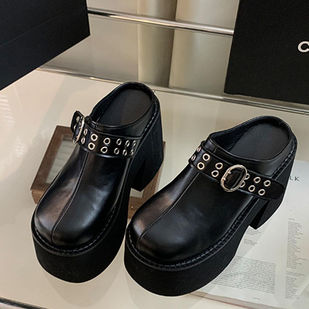 Summer Trendy Platform Mules Shoes For Women Genuine Leather Rivet Slip-on Punk Chunky Heels Women Flat Pumps