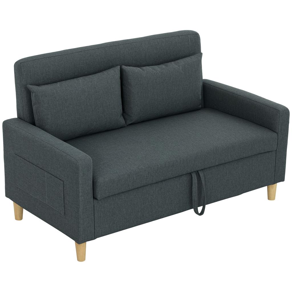 2-Seater Sofa with Storage Space and Cushions, in Linen-Effect Fabric and Wood, 135x72x84 cm, Charcoal Grey