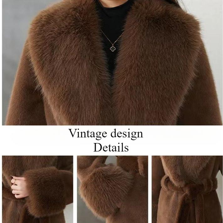 Women's Faux Fur Coats Winter Faux Fox Fur Collar Coat Plus Size Mid-length Slim Fit Fur Coat