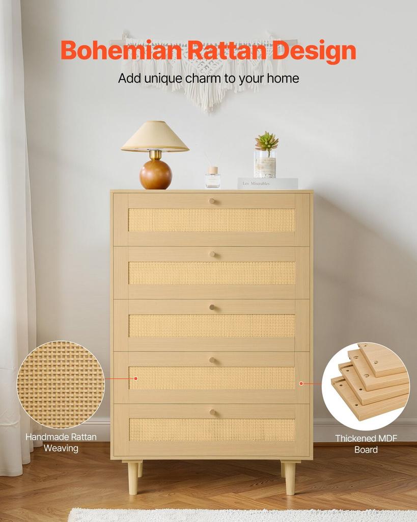 5 Drawer Rattan Dresser, Modern Closet Dresser for Bedroom, Natural Rattan Chest of Drawers with Metal Handles & Wooden Legs, Chest Clothing Organizer