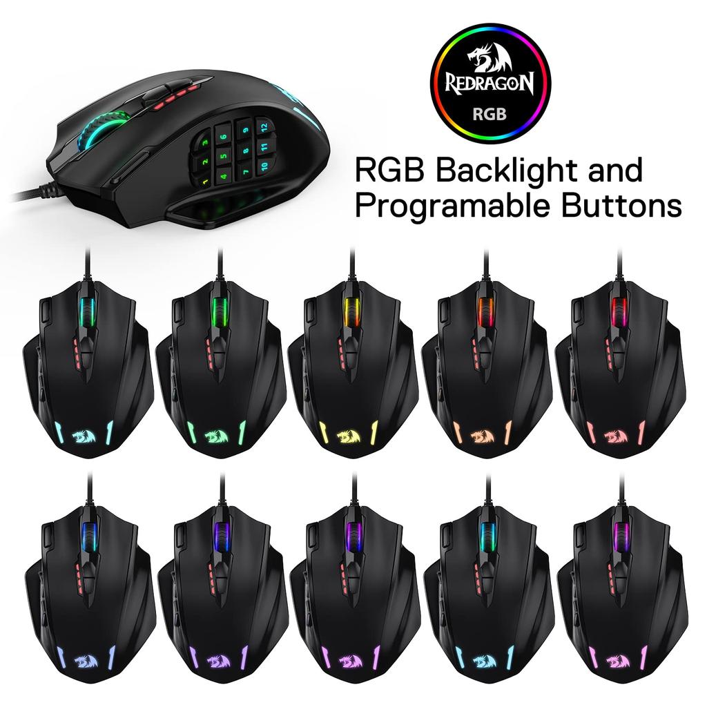 Redragon M908 Impact RGB LED MMO Gaming 12-сторонняя оптическая проводная эргономичная игровая мышь с 20 программируемыми макросами и удобным захватом, кнопками,