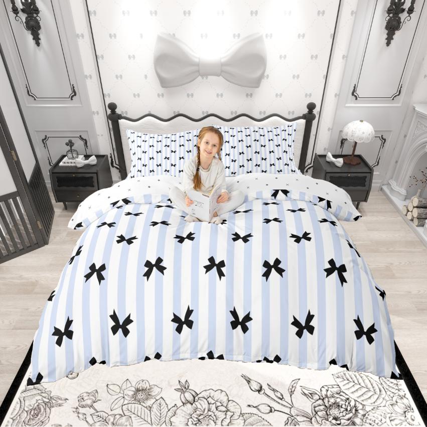 Homewish Кавайный Комплект Пододеяльника с БантикамиМультяшный Комплект Покрывала с Бантиком-ГалстукомРозовый Геометрический Полосатый Комплект Постельного Белья Для Девочки