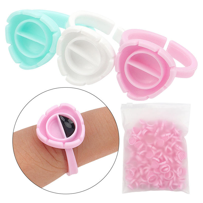 100Pcs Heart Shape Lash Glue Rings with Divided Cup, Flower Design Eyelash Extension Finger Ring Holder for Lash Artists