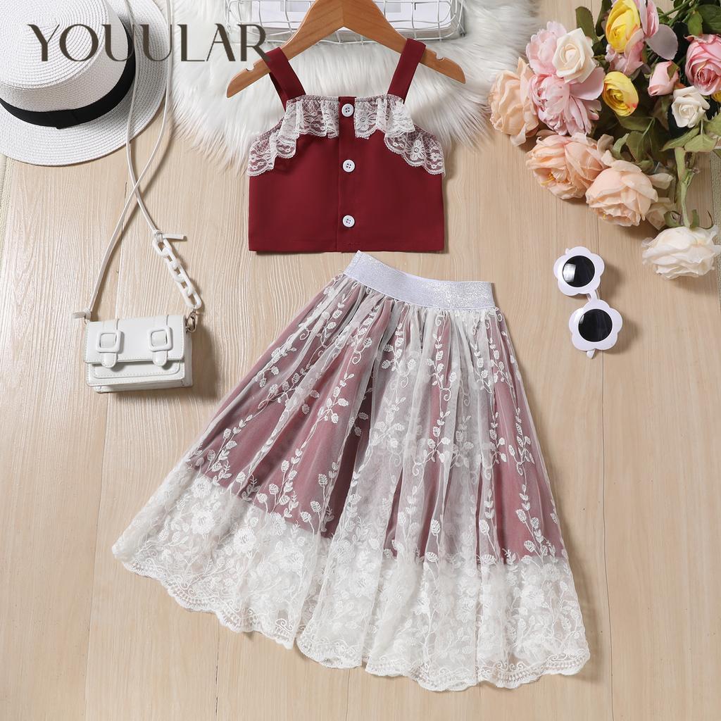 Новинка 2024 года, летняя жилетка без рукавов для девочек + модная кружевная юбка с вышивкой, комплект из 2 предметов