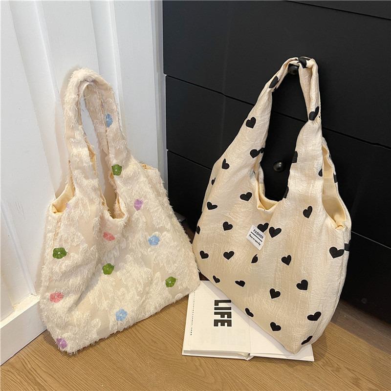 Trendy Heart-Shaped Fabric Tote Bag for Women Large Capacity Versatile Eco-Friendly Handheld Shopping Bag Casual Fashion Purse