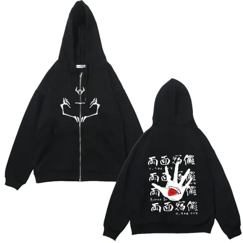 Куртки на молнии в стиле аниме, толстовки с принтом Jujutsu Kaisen, флисовые толстовки с принтом Satoru Gojo, манга, повседневные пальто, уличная одежда, одежда Y2K