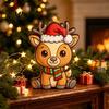Rustic Deer Table Decor Wooden Christmas Elk Figurine with Santa Hat And Scarf, Cartoon Tabletop Decoration Cute Animal Holiday for Home Party Decor,