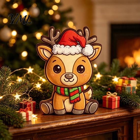 Rustic Deer Table Decor Wooden Christmas Elk Figurine with Santa Hat And Scarf, Cartoon Tabletop Decoration Cute Animal Holiday for Home Party Decor,