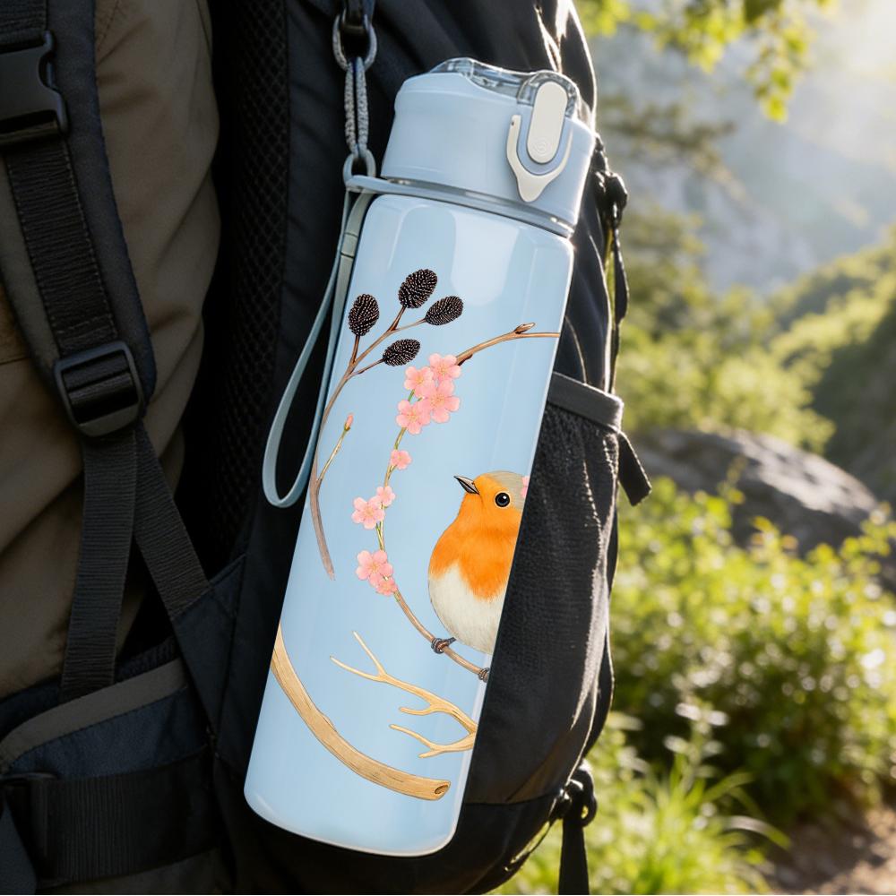 1PC Branch Robin Bird Wreath 750ml Color Plastic Sports Water Bottle Leakproof Flip Straw Lid Suitable for Sports Office Home Use