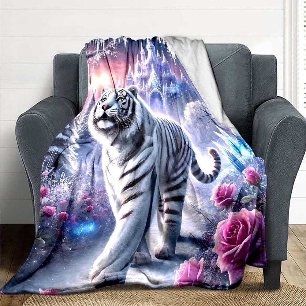 1pc Winter Wonderland Roses Tiger Blanket Lightweight Blanket Throw Blanket For Sofa, Bed, Travel, Camping, Livingroom, Office yy251010106
