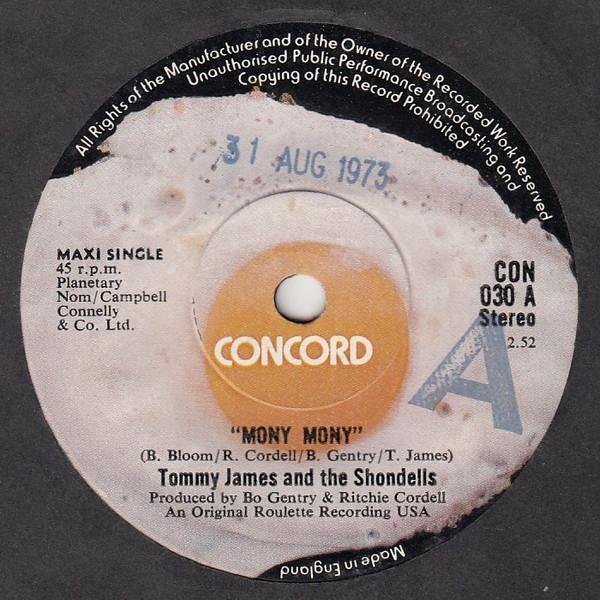 7-дюймовая пластинка TOMMY JAMES & THE SHONDELLS - Mony Mony CON030 Concord 1973 UK Rock Б/у