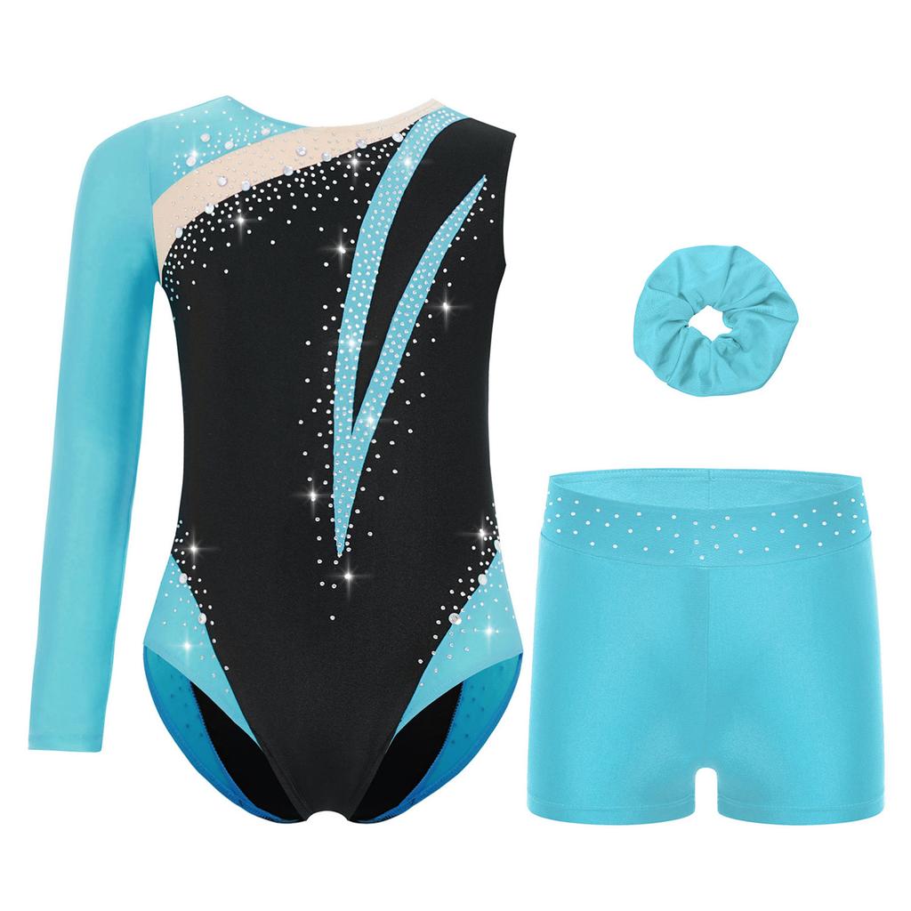 Girls Rhinestone Color Block Asymmetrical Leotard Round Neck Gymnastics Skating Outfit Set