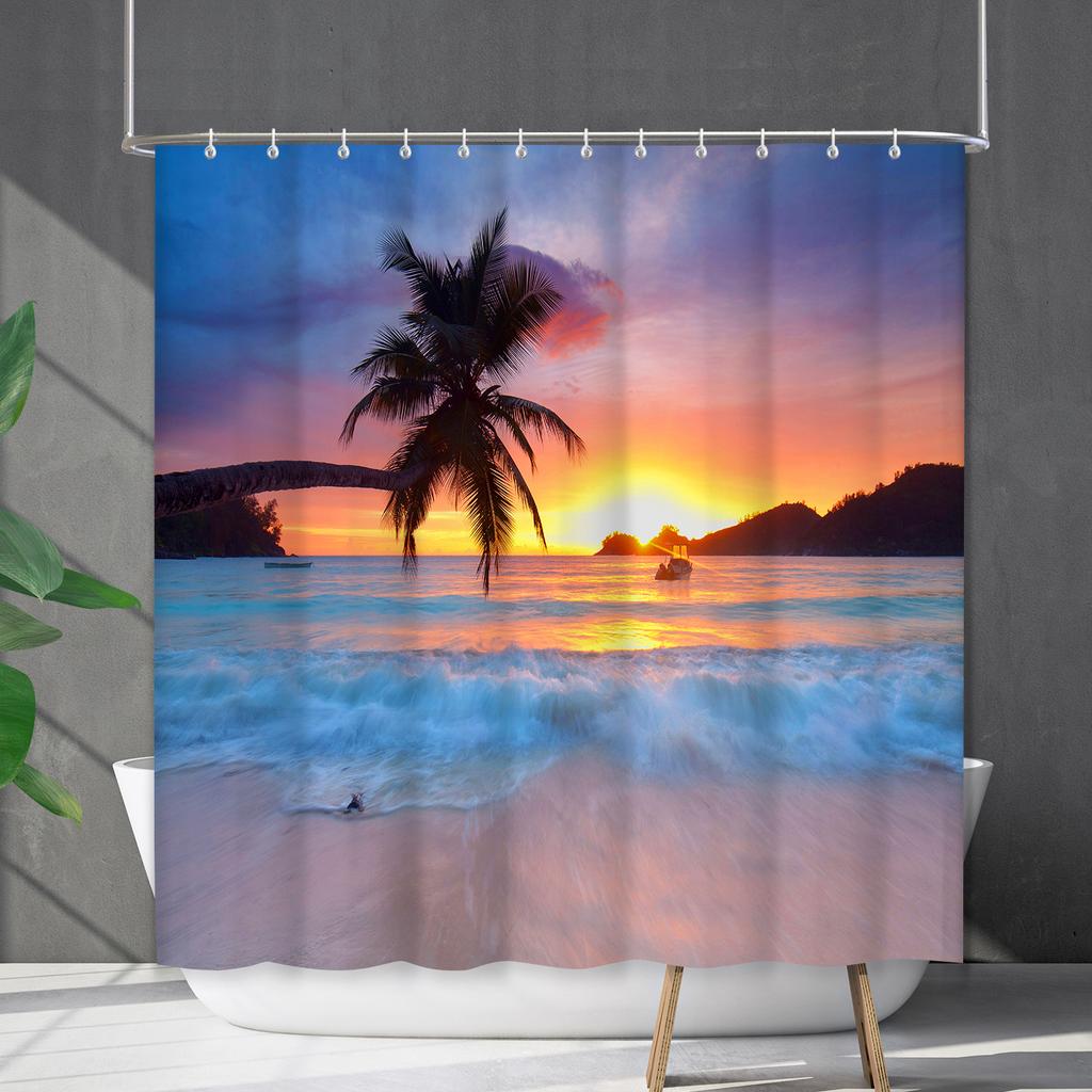 Shower Curtain Waterproof And Mildew-Proof Coconut Tree Beach Beach Bathroom Shower Curtain Shower Curtain Partition Curtain Free Punching