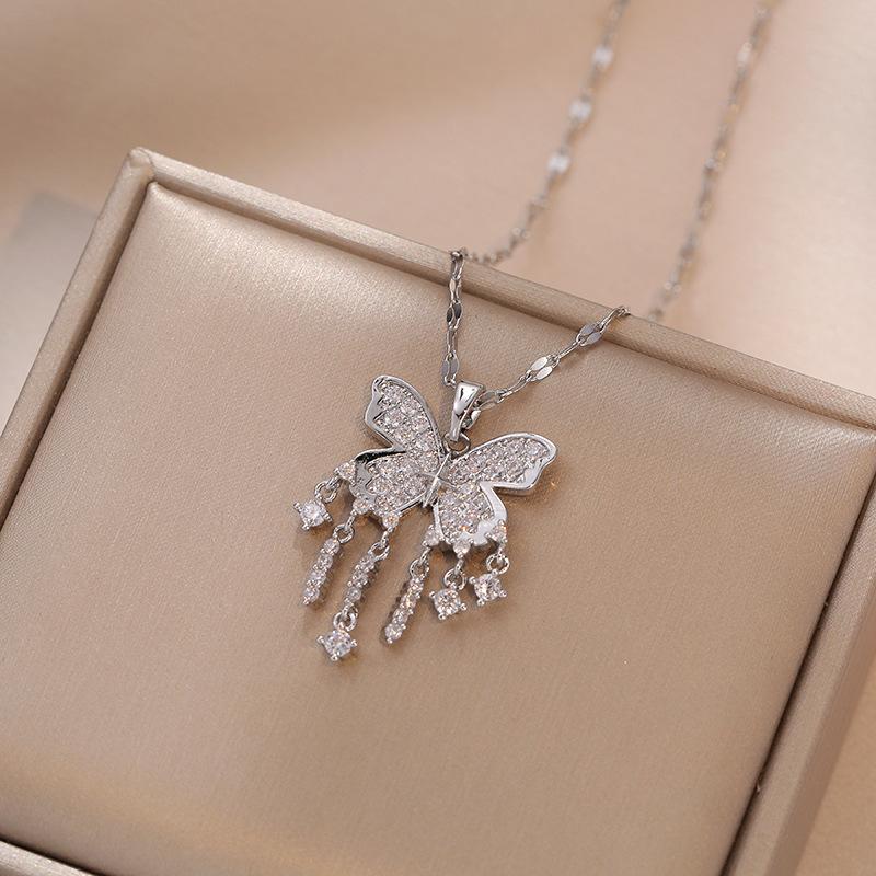 Zircon Tassel Butterfly Necklace for Women 2023 New Fashion Stainless Steel Chain Jewelry Wedding Party Accessories