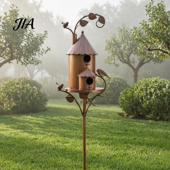 Rustic Bird Station Metal House Garden Stakes, Feeder Decor, Weatherproof Gift for Lovers Iron Art Decor Outdoor Lawn Yard Flower Bed Decoration Wild
